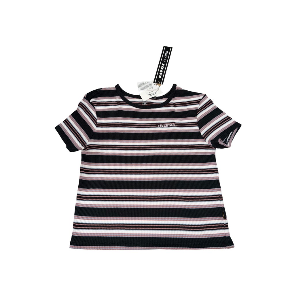Fivestar Ribbed Striped T‎ Shirt Black Pink White Blue Short Sleeve Top Large